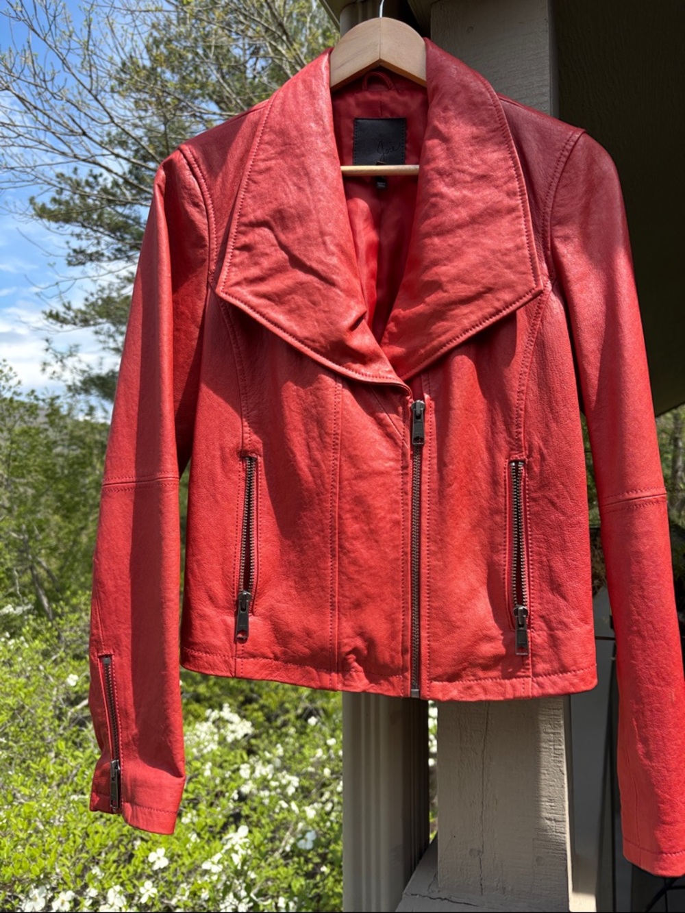 Joie Red Leather Moto Jacket with Asymmetrical Zip